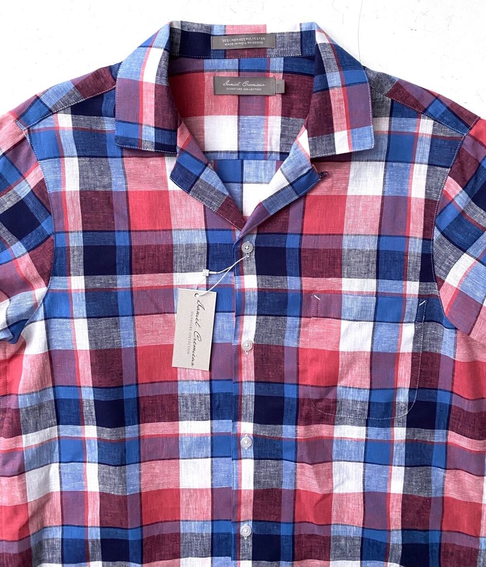 Daniel Cremieux Signature Shirt Linen Blend Blue Plaid Check Short Sleeve Small
